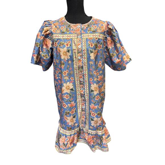 blue superbloom tapestry organic cotton mini dress Bloom Tapestry Black Long Sleeves Mini Dress by Farm Rio